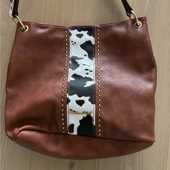 Brown Leather Tote Bag with Cow Print Accent - Picture 4 of 4